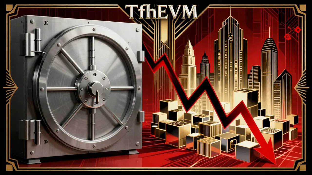 Art Deco scene showing privacy shields, a blockchain city, and a volatile price drop.
