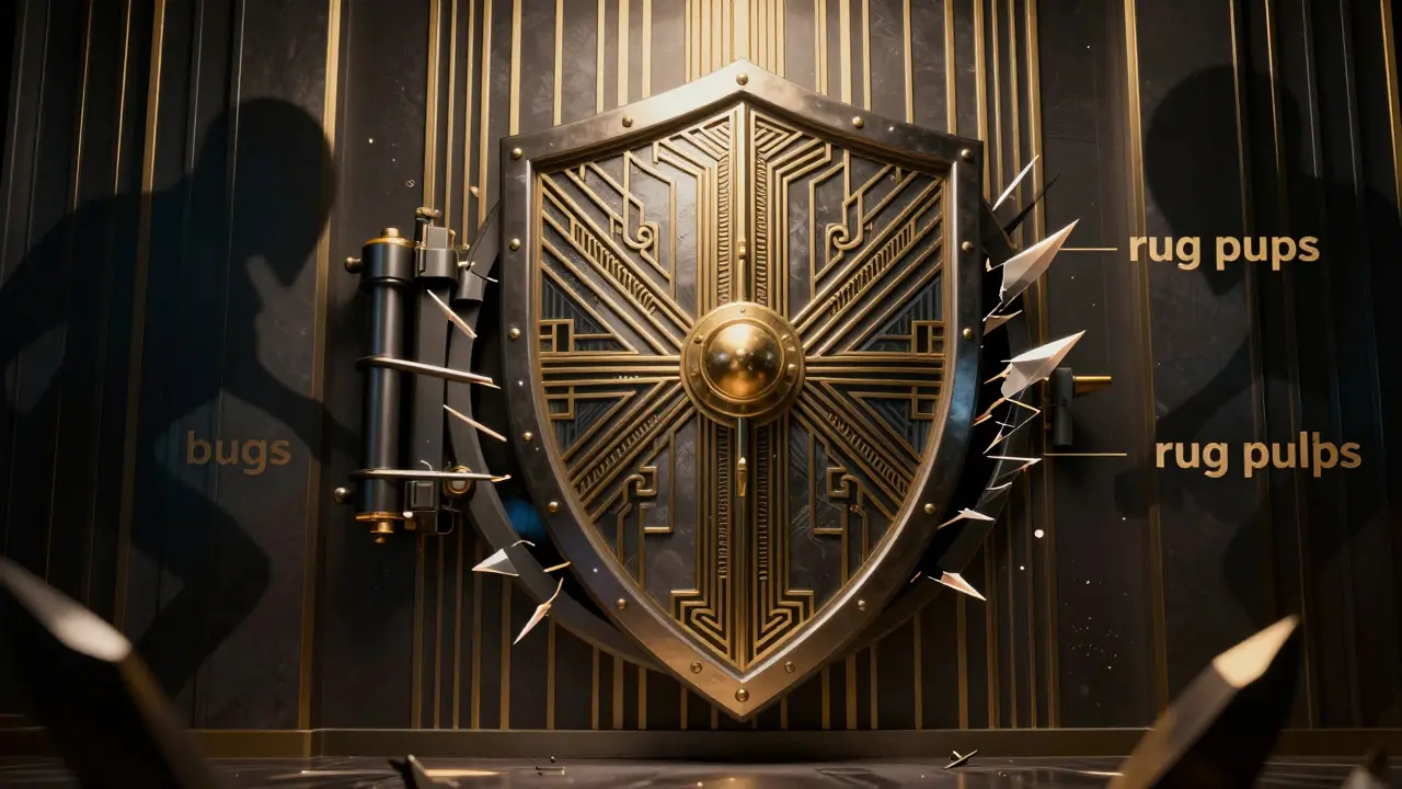 Art Deco shield protecting crypto assets from threats