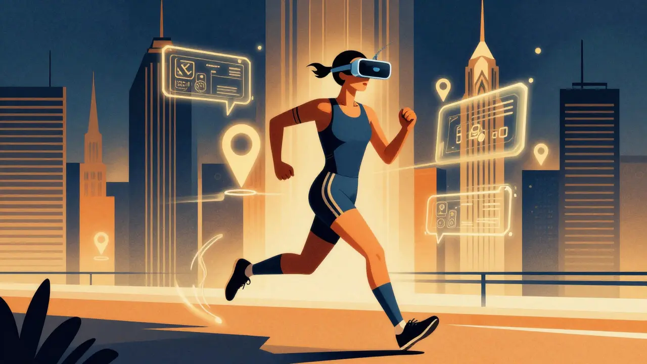 Art deco style AR fitness runner in geometric cityscape
