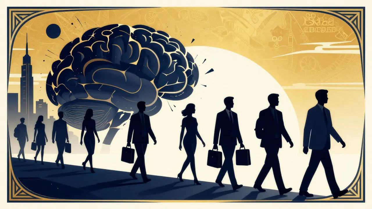 Art Deco style image of tech workers leaving a dark building for a bright horizon