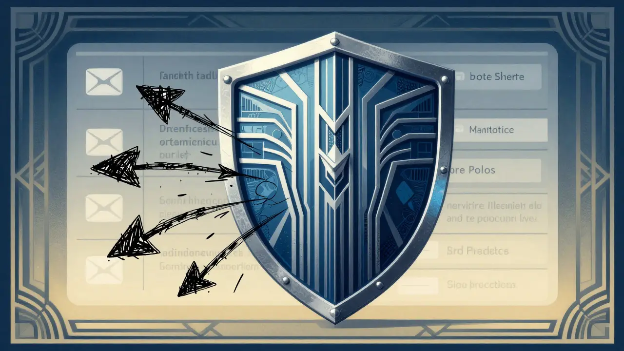 Art Deco style shield protecting a digital wallet from chaotic phishing attacks.