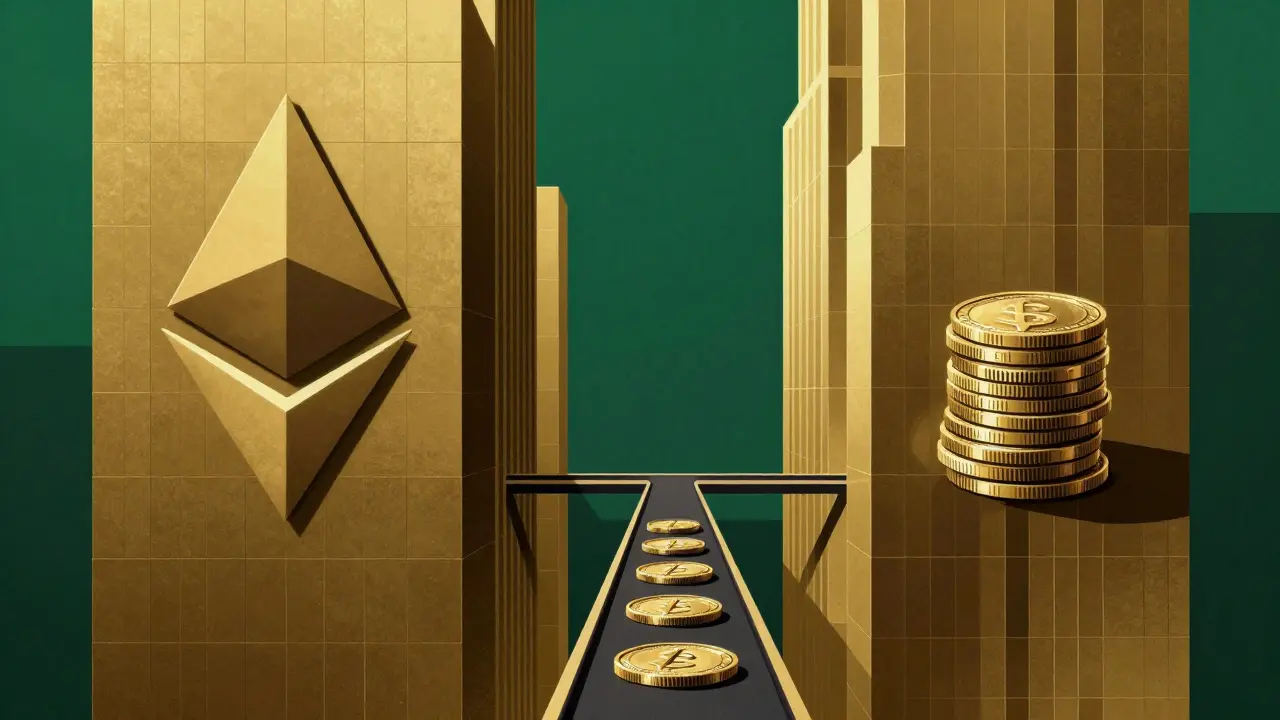 Elegant Art Deco graphic showing limited token bridges between assets