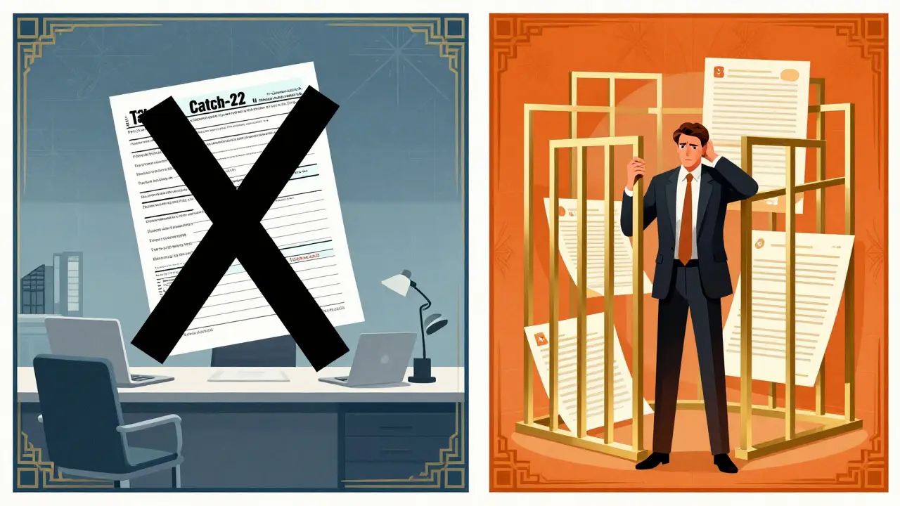 Figure trapped in maze of tax forms and legal barriers, Art Deco style