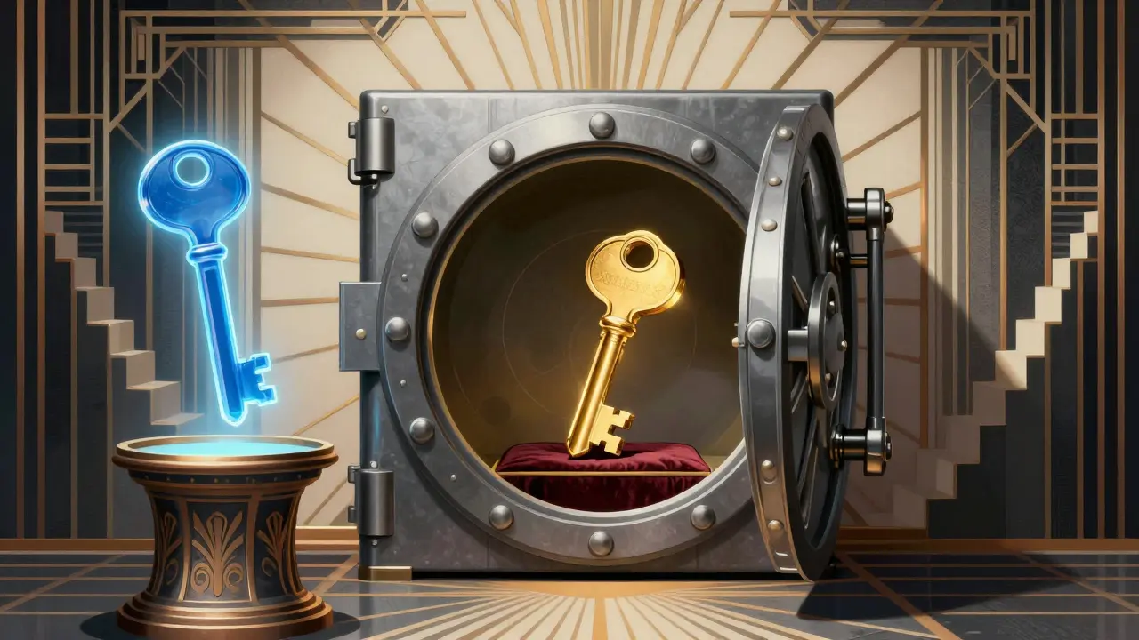 Golden private key and blue public key in Art Deco vault setting