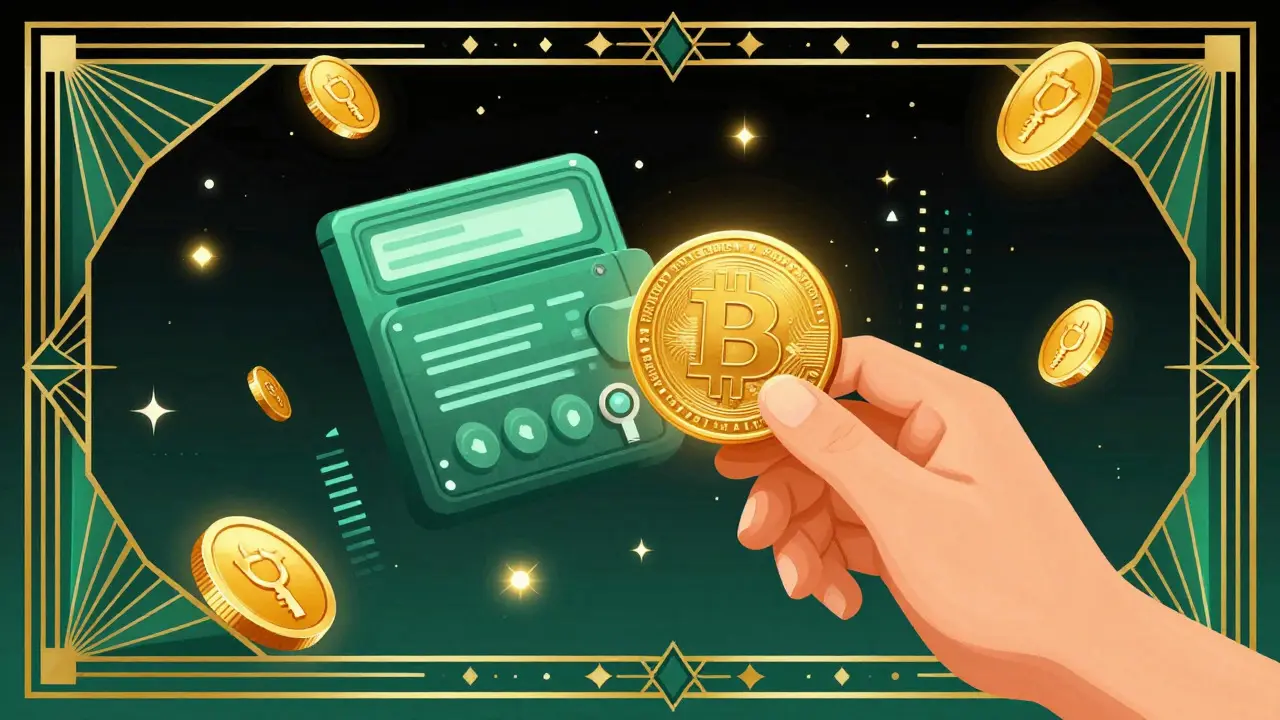 Hand claiming glowing crypto token in Art Deco illustration
