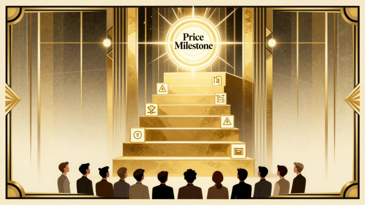 Illustration of a geometric staircase leading to a price milestone target, representing the Value Leading System, with stylized investors at the base, framed by Art Deco borders.