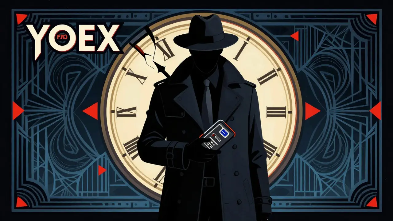 Moody Art Deco illustration of a shadowy anonymous figure holding a wallet, with broken clocks and warning symbols in the background, emphasizing risk and mystery.