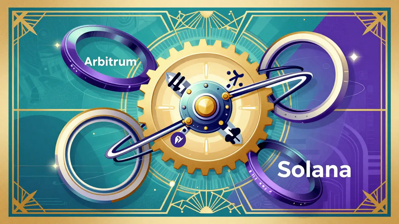 Retro-futuristic Art Deco design of interconnected blockchain networks
