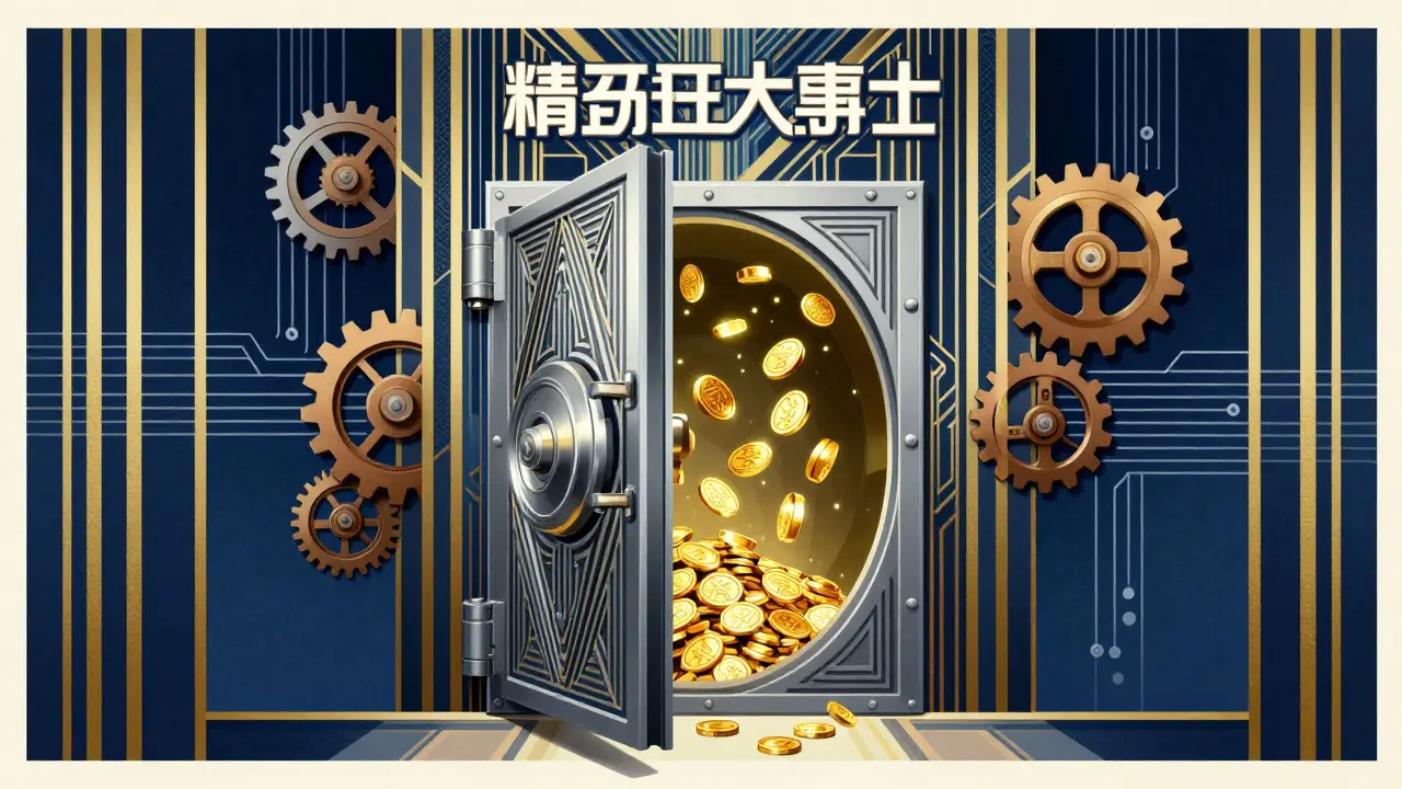 Retro-futuristic Art Deco vault opening automatically with glowing coins and gears