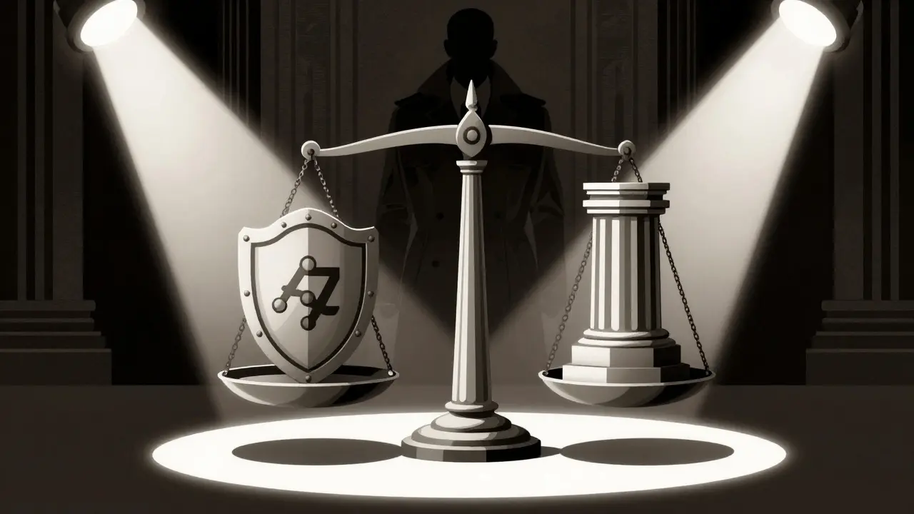 Scale balancing privacy shield against regulatory pillars in Art Deco style