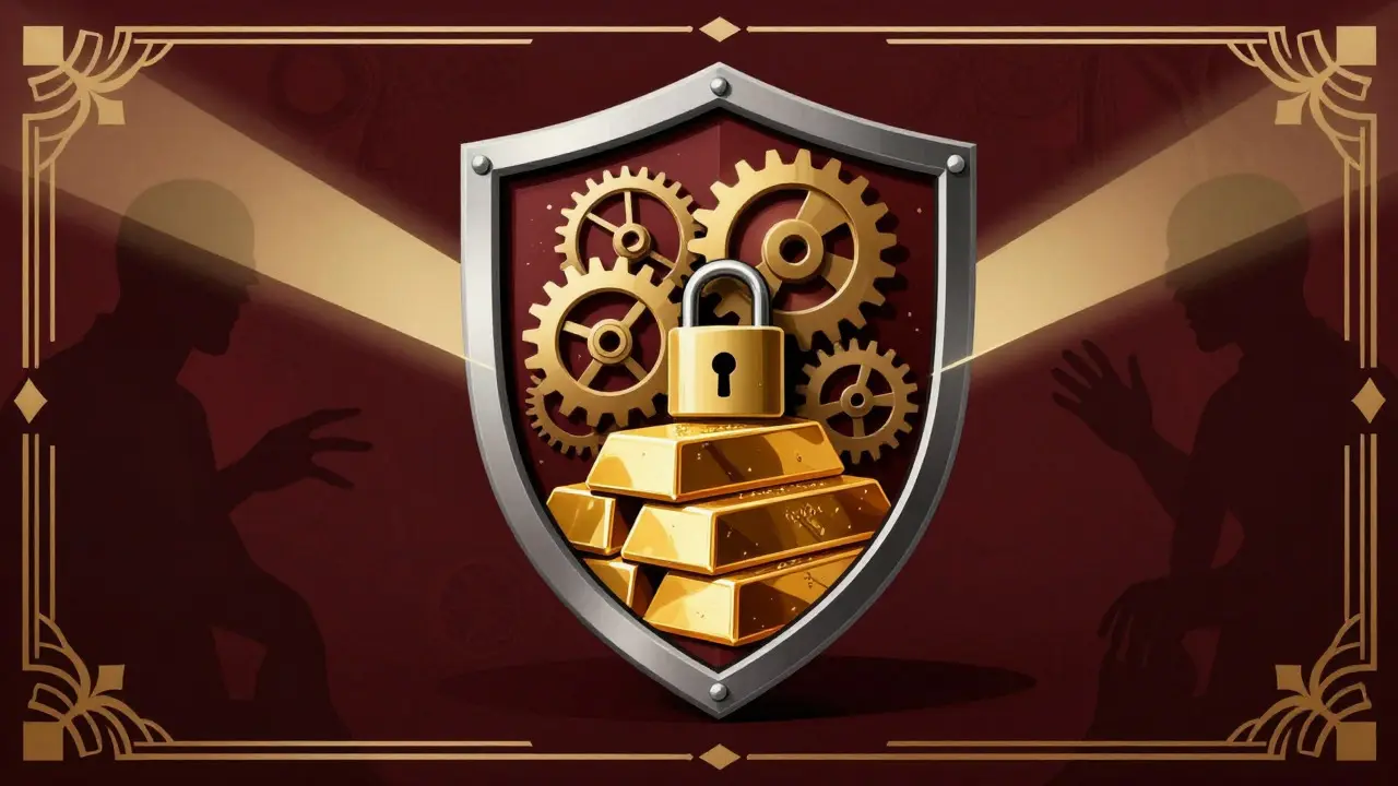 Shield protecting assets from shadows in Art Deco style