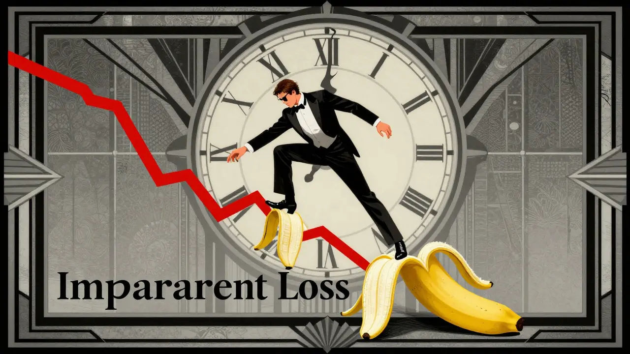 Stylized Art Deco cartoon illustrating the concept of Impermanent Loss in DeFi, with a businessman slipping on a market trend graph, set against a dramatic geometric background.