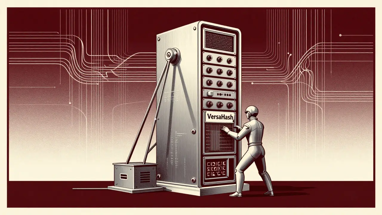 Stylized Art Deco mining rig with flowing data streams and a retro operator.