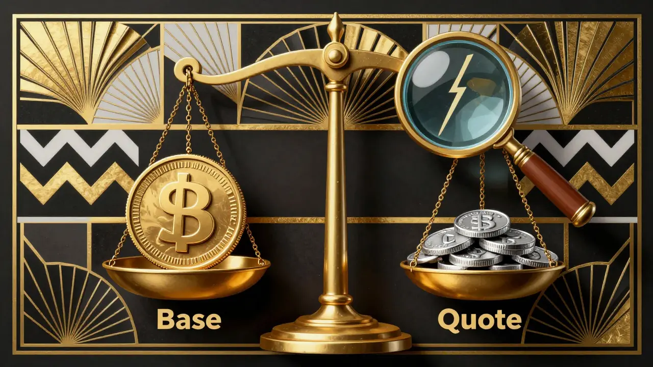 Stylized balance scale comparing base and quote currencies in Art Deco design