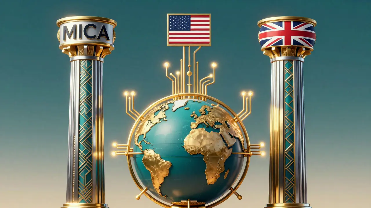 Stylized pillars representing EU, US, and UK crypto laws surrounding a globe.