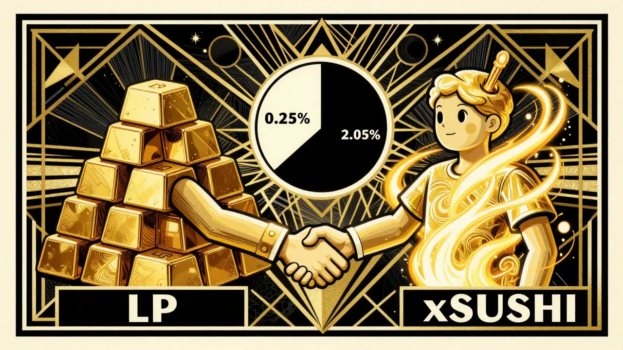 Vintage Art Deco financial advertisement style graphic showing the fee distribution between Liquidity Providers and xSUSHI stakers, using geometric shapes and gold/black color scheme.