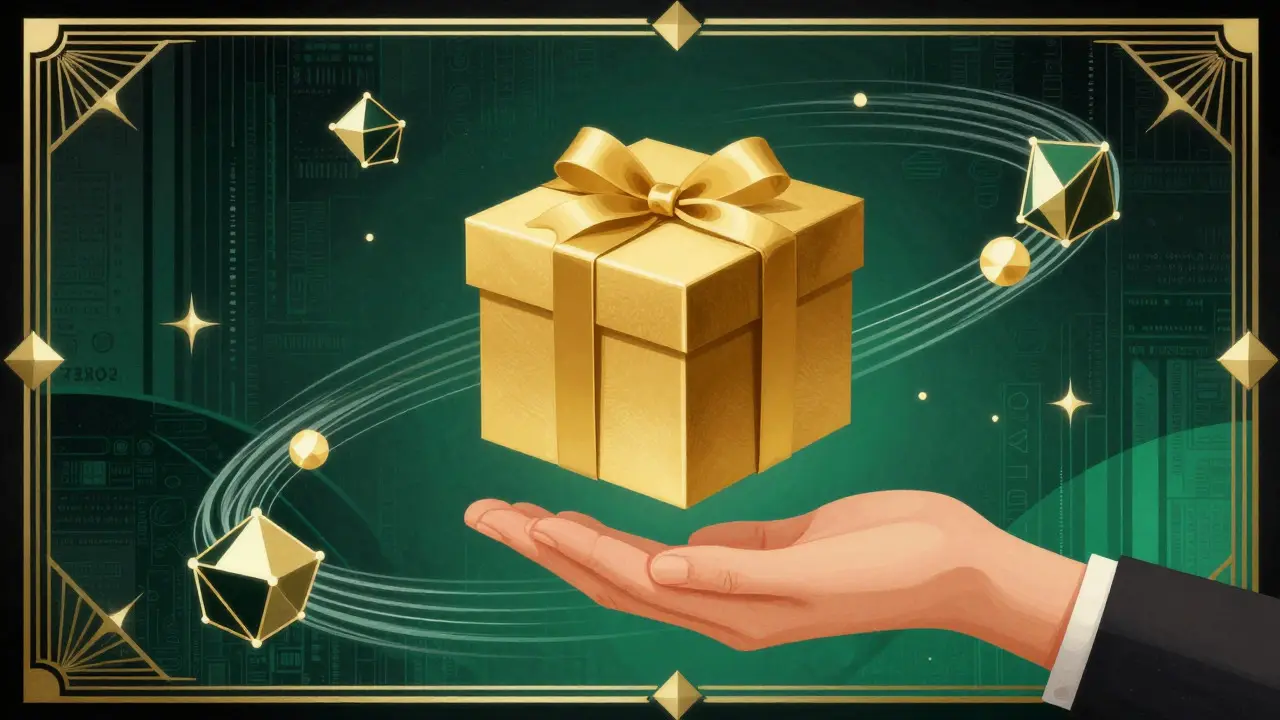 Vintage Art Deco style image of a golden mystery box floating amidst blockchain data streams.