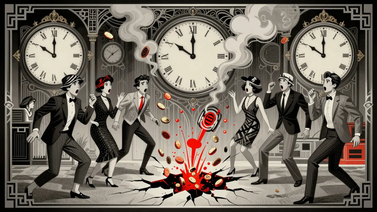 Vintage style art showing people losing money as coins turn to smoke in a chaotic scene