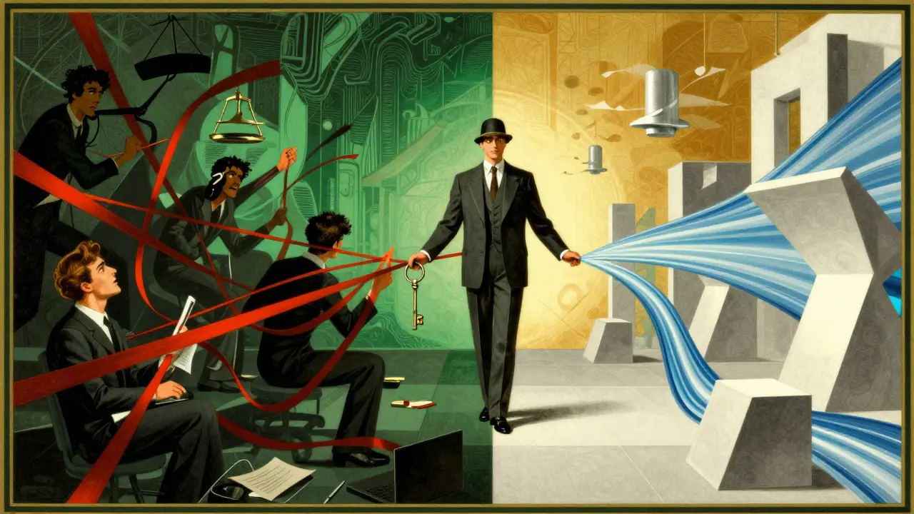 Art Deco art contrasting chaotic legal hurdles with streamlined smart contracts