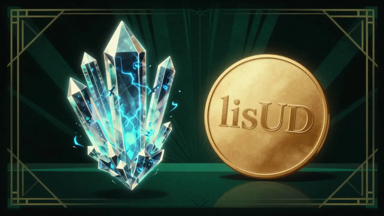 Art Deco art showing two contrasting tokens: a jagged blue crystal and a smooth amber disc.