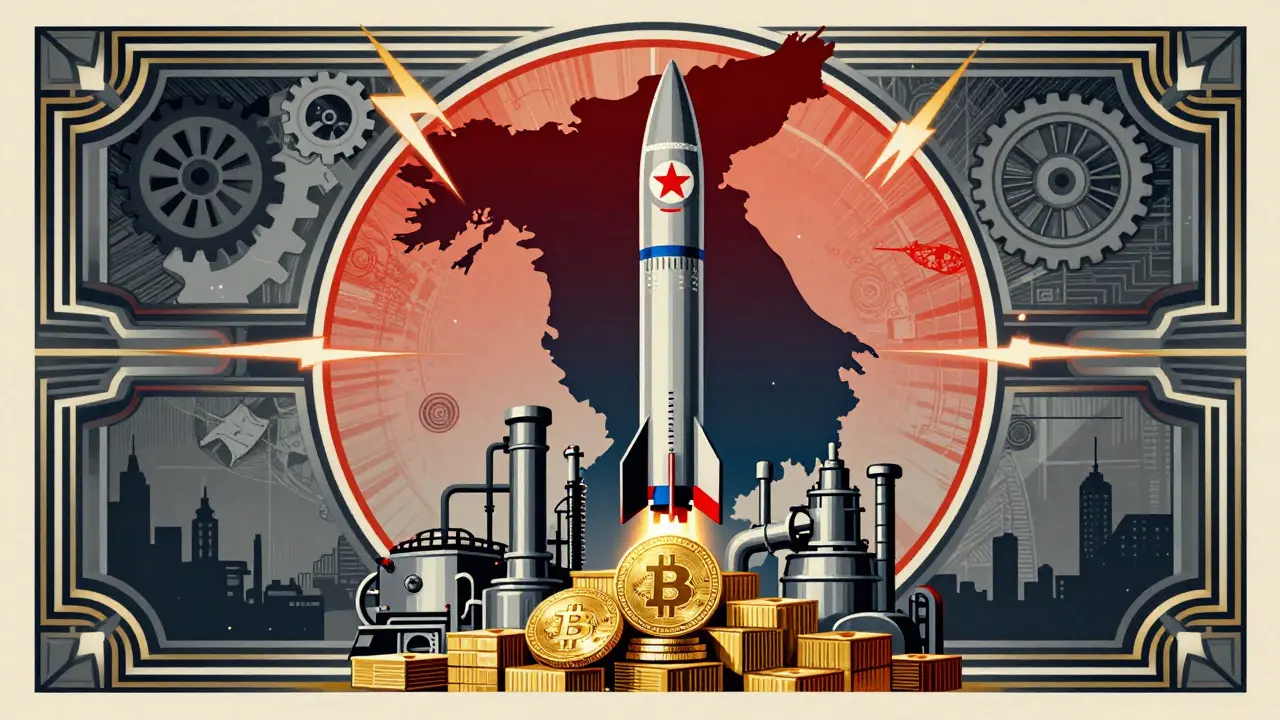 Art Deco artwork showing missiles rising from stacks of cryptocurrency blocks.