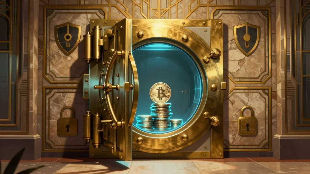Art Deco depiction of a secure vault containing glowing digital currency