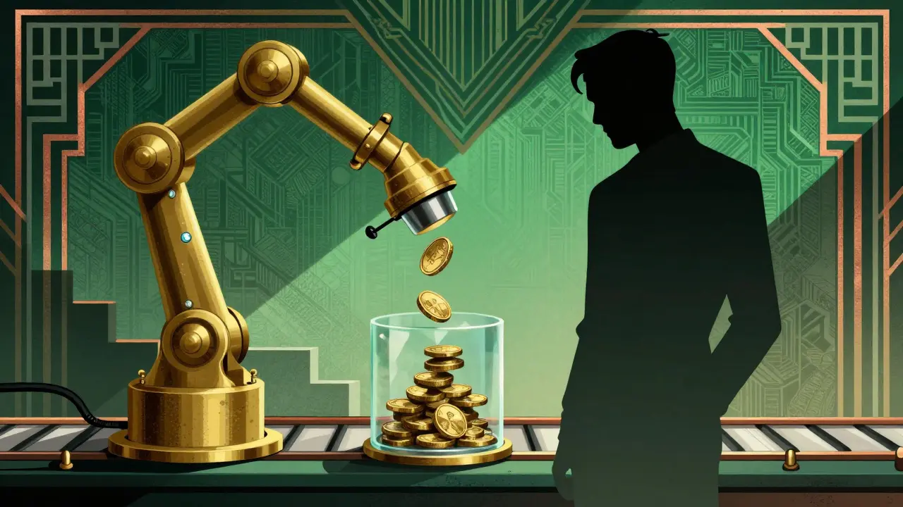 Art Deco graphic depicting automated royalty payments flowing to an artist.