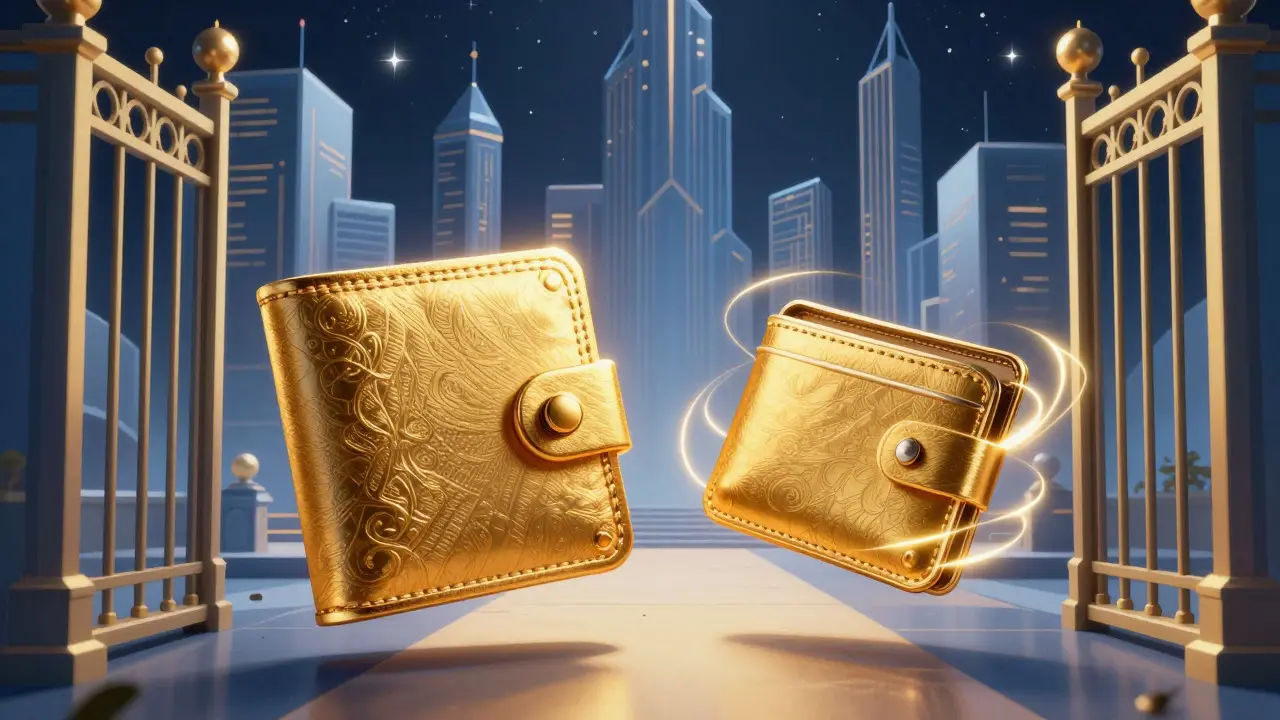 Art Deco illustration contrasting a locked main wallet with a small, safe burner wallet