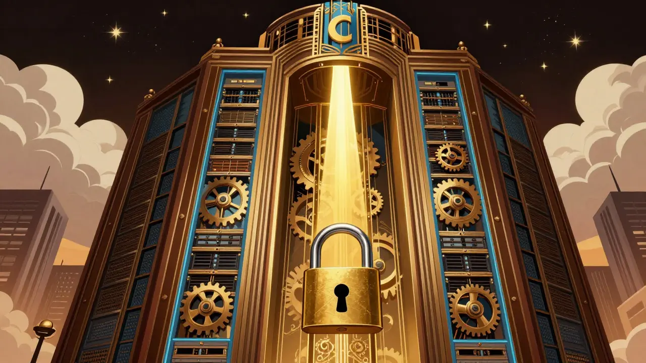 Art Deco illustration of a complex machine generating a beam of light to unlock a secure vault