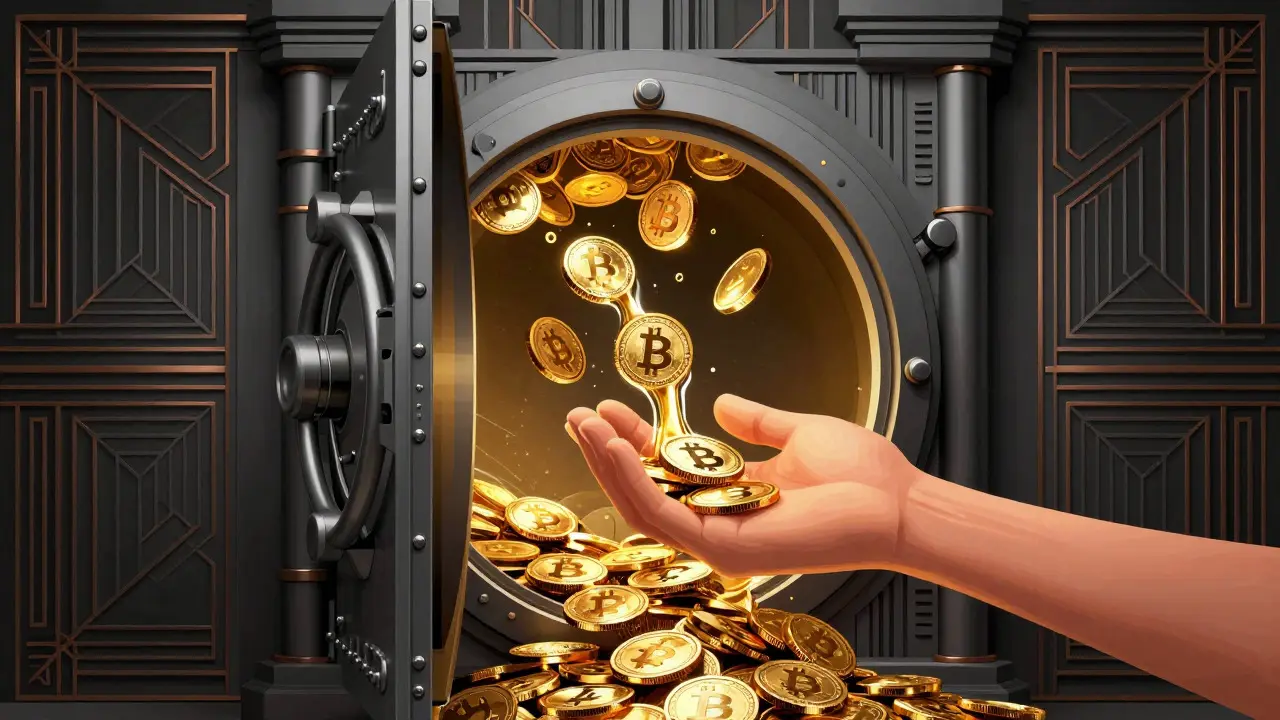 Art Deco illustration of a vault releasing liquid gold transforming into digital assets.