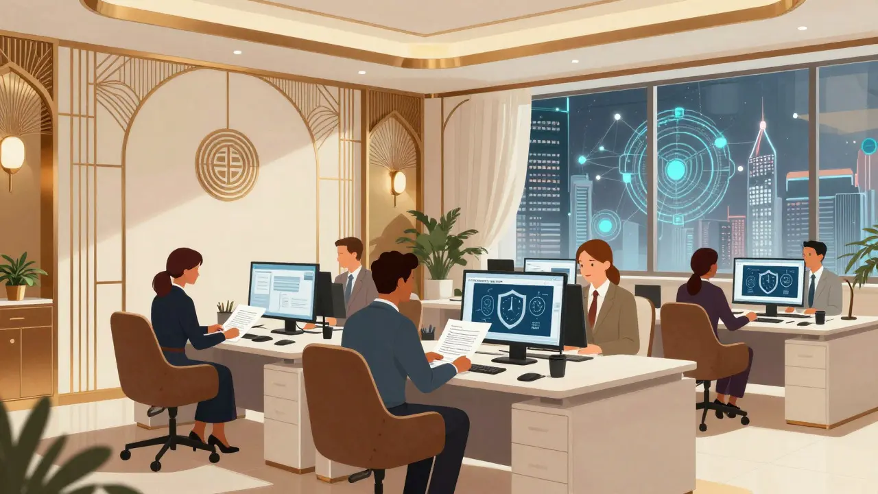 Art Deco office scene showing compliance teams and security checks