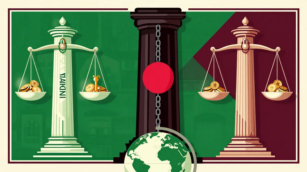 Art Deco pillars comparing strict ban vs regulated crypto policies