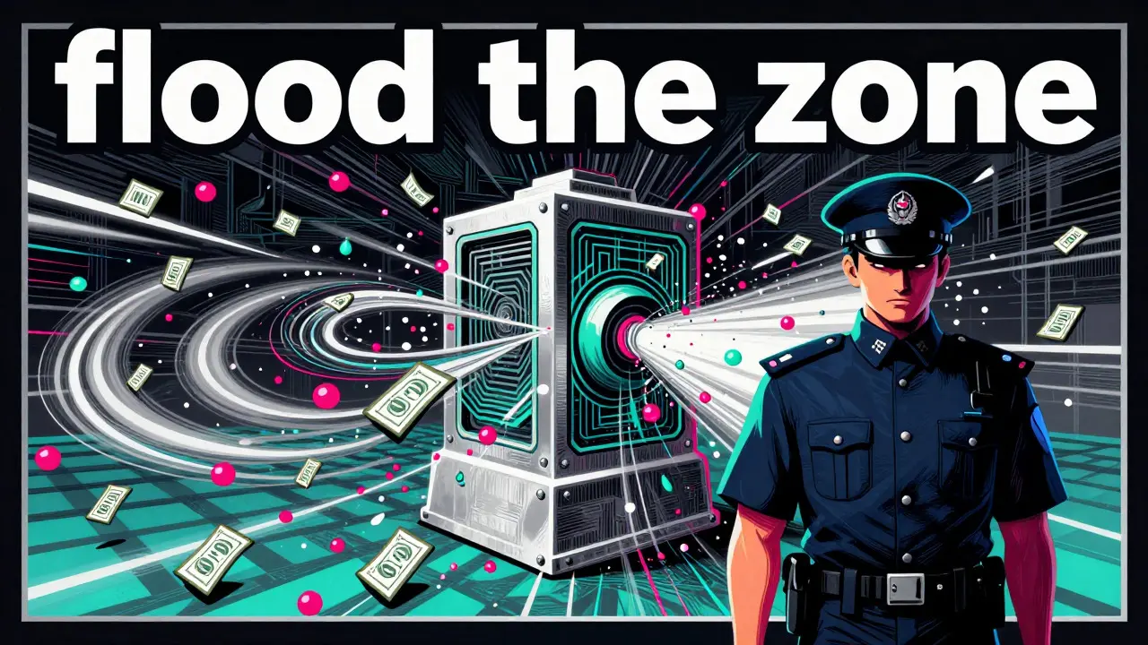 Art Deco poster showing a machine flooding a grid with transaction droplets