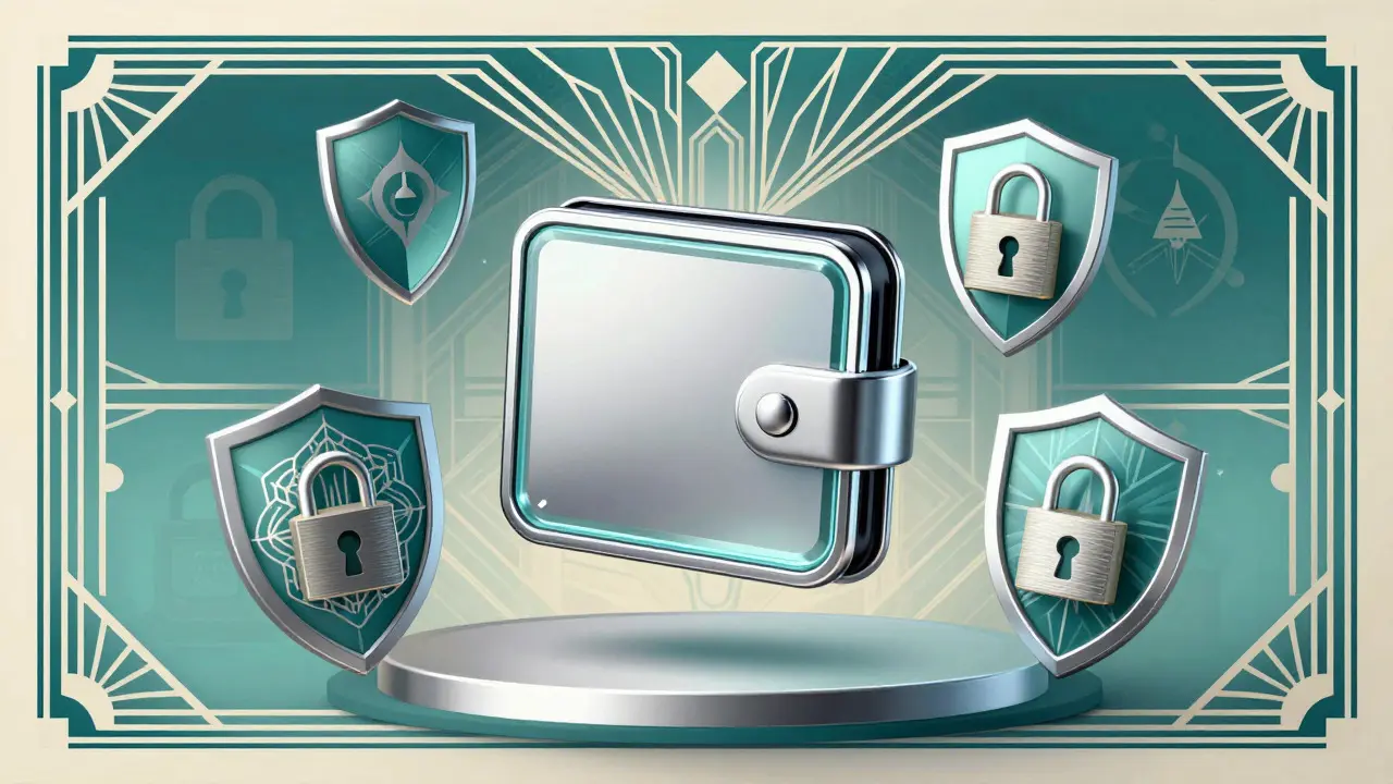 Art Deco secure crypto wallet with geometric security shields