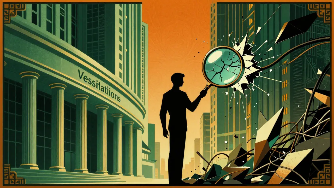 Art Deco split view contrasting stable financial architecture with chaotic digital fragments