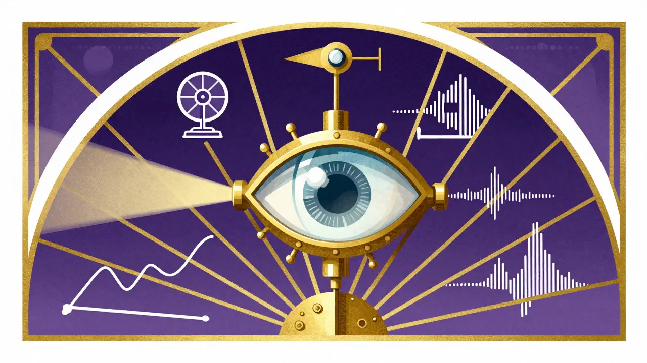 Art Deco style graphic of a mechanical eye processing weather and seismic data for insurance claims