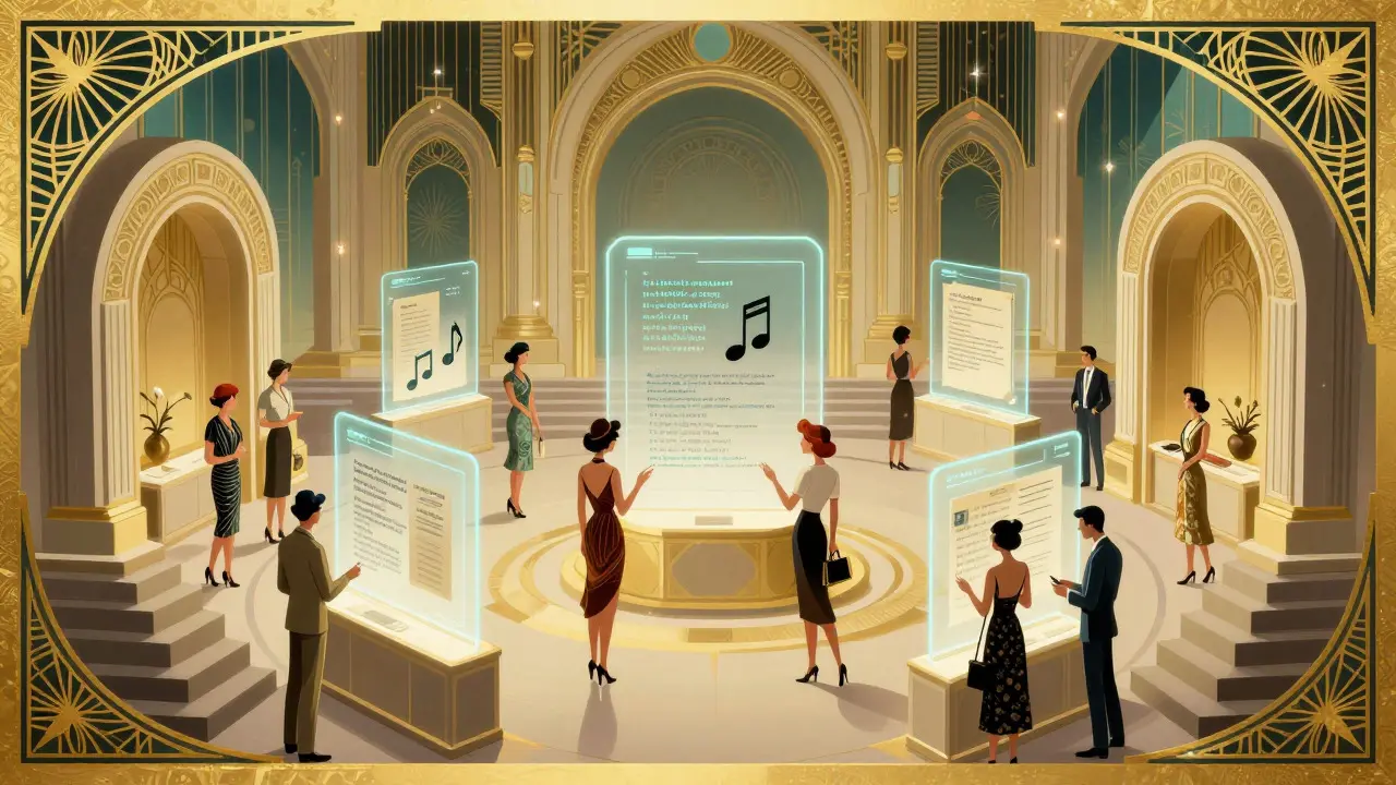 Art Deco style marketplace with floating digital IP assets and elegant figures