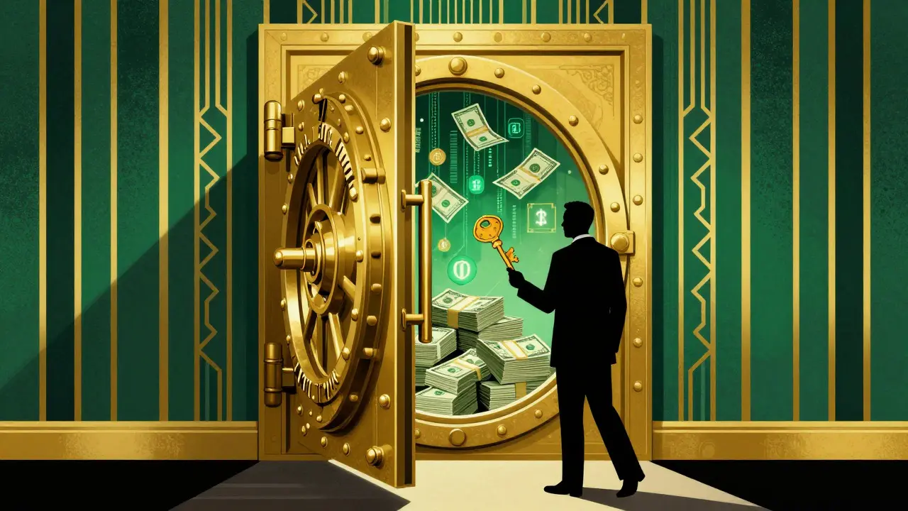 Art Deco style vault with gold coins representing capital requirements