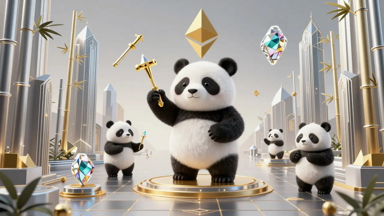 Art Deco virtual panda game world with NFT assets