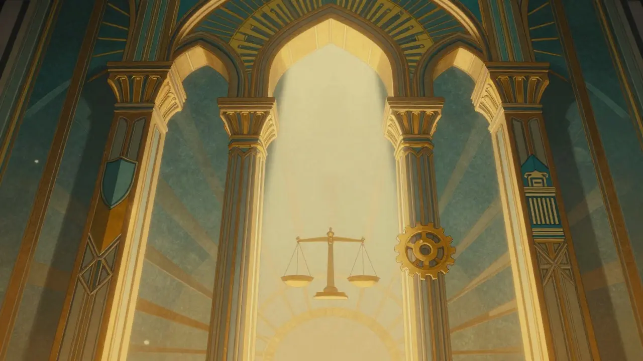 Four ornate pillars supporting an archway in an Art Deco style, symbolizing compliance