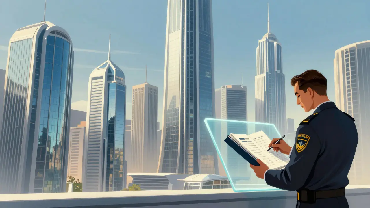 Futuristic cityscape with an official inspecting a transparent ledger