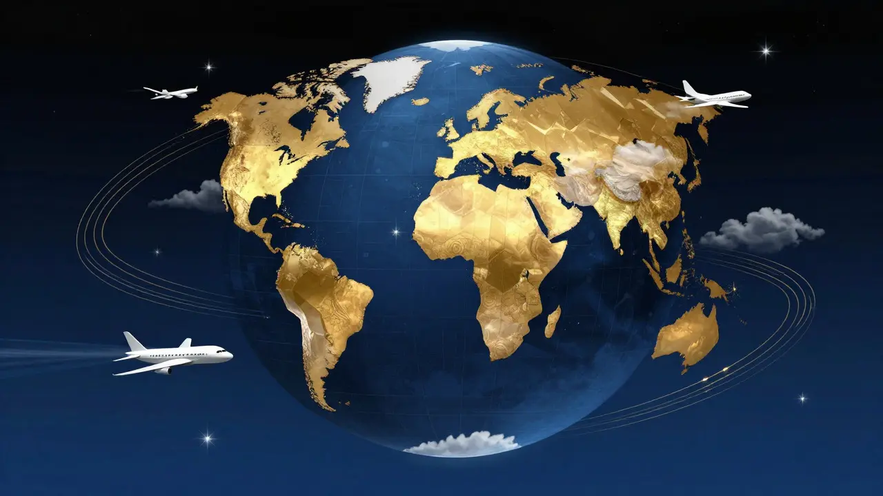 Geometric globe with highlighted regions and transport routes in Art Deco style