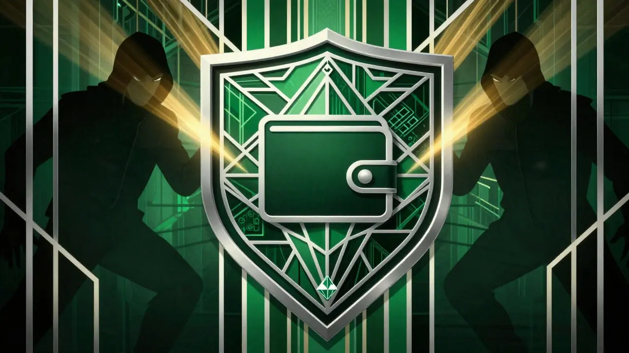 Geometric shield protecting a digital wallet icon