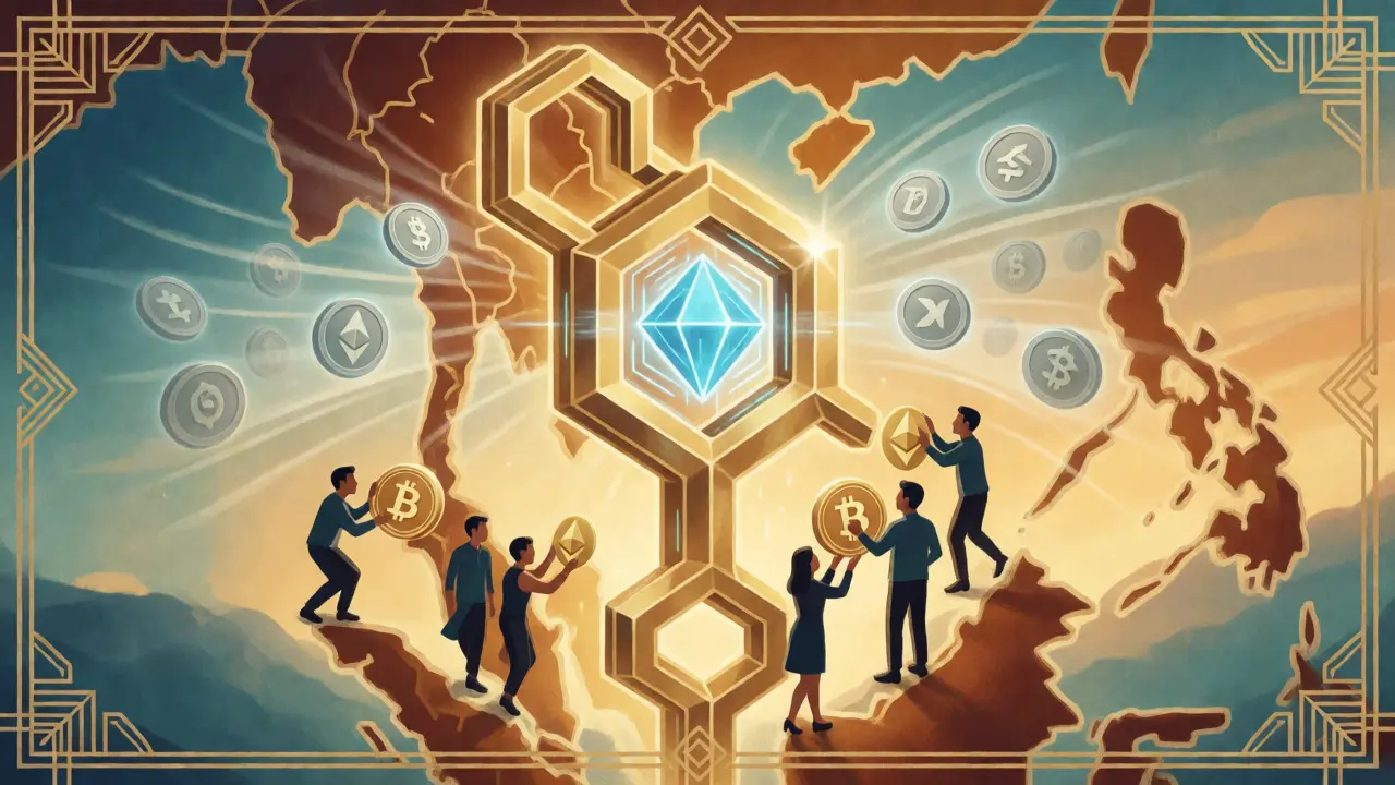 Golden blockchain structure rising over Thailand map with trading figures