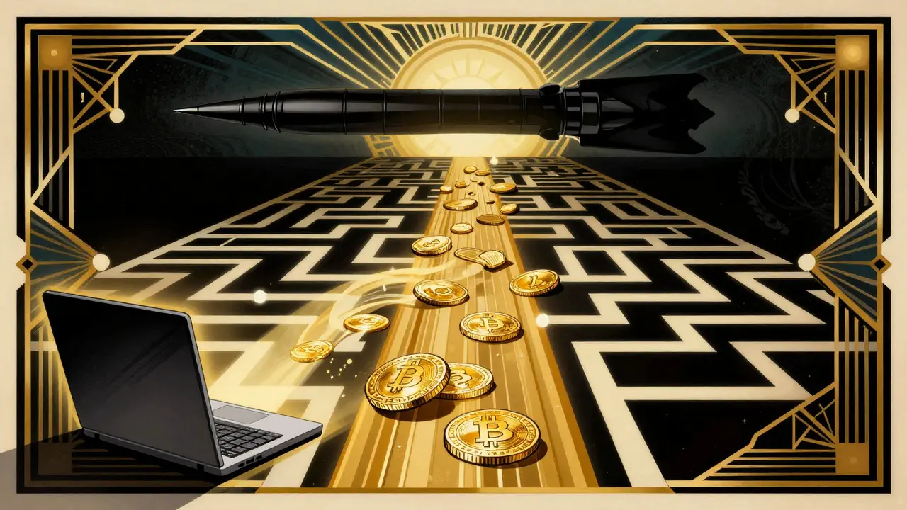 Golden crypto coins flowing through maze to missile silhouette