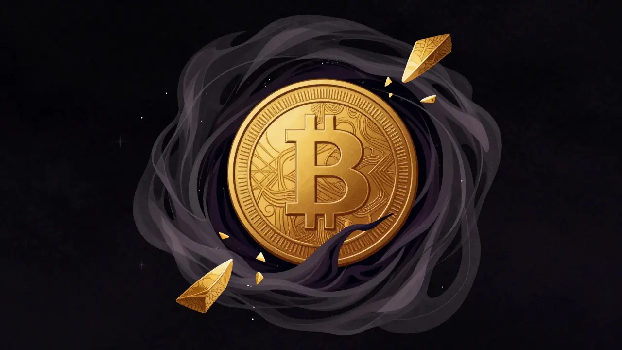 Golden medallion dissolving into a dark vortex, symbolizing token burns