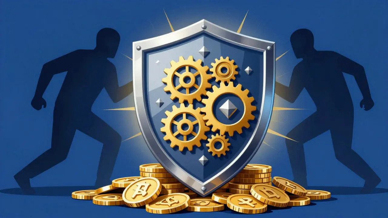 Golden shield protecting coins from dark shadows in Art Deco style