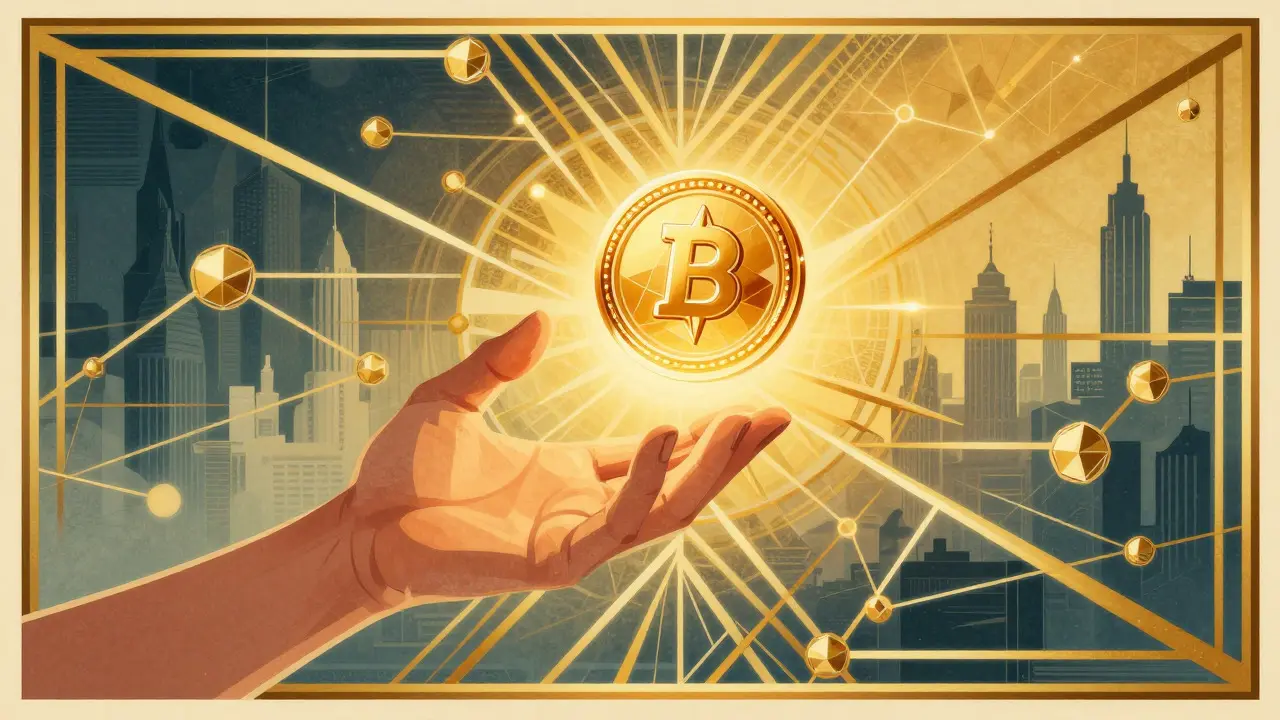 Hand reaching for a glowing token surrounded by geometric blockchain patterns