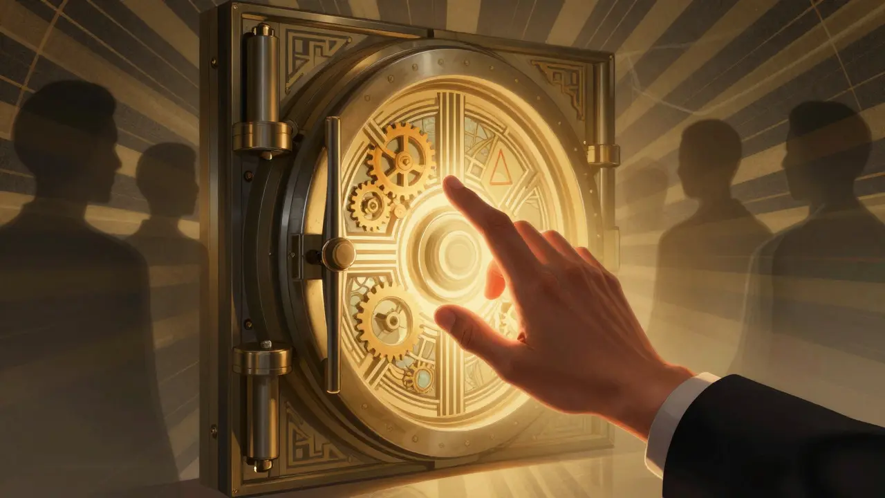 Hand reaching toward a glowing geometric vault door in an Art Deco advertising style
