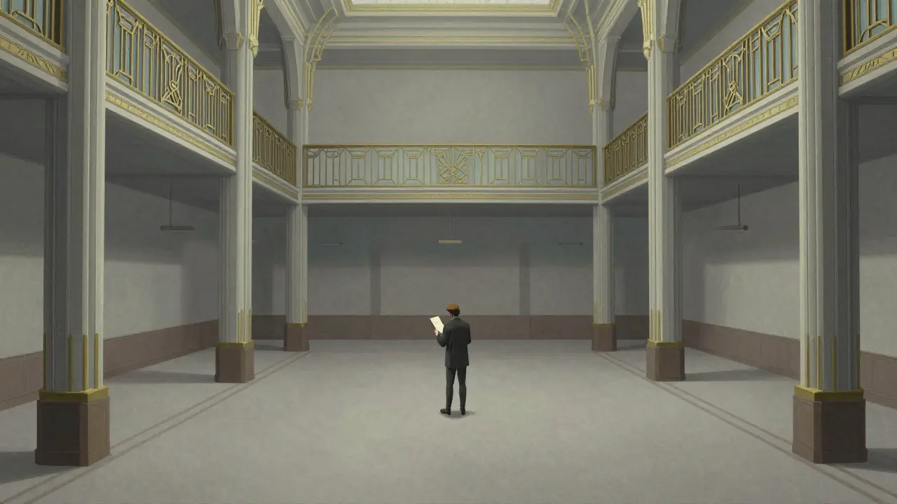 Lonely trader in an empty Art Deco exchange hall with a thin order book